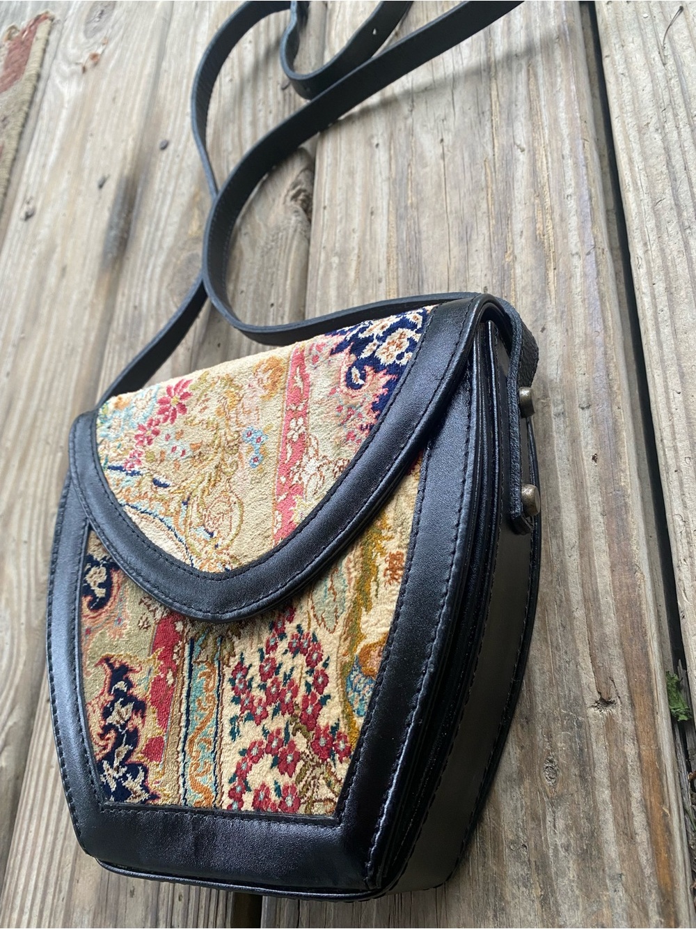 Vintage Tapestry Crossbody Bag Black Leather Trim Structured Boho Floral Purse
